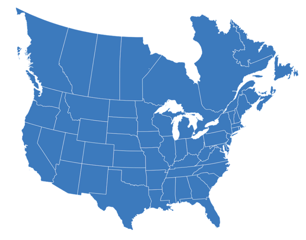 Blue map of the United States and Canada showing Hawk Ridge Systems' North American support coverage