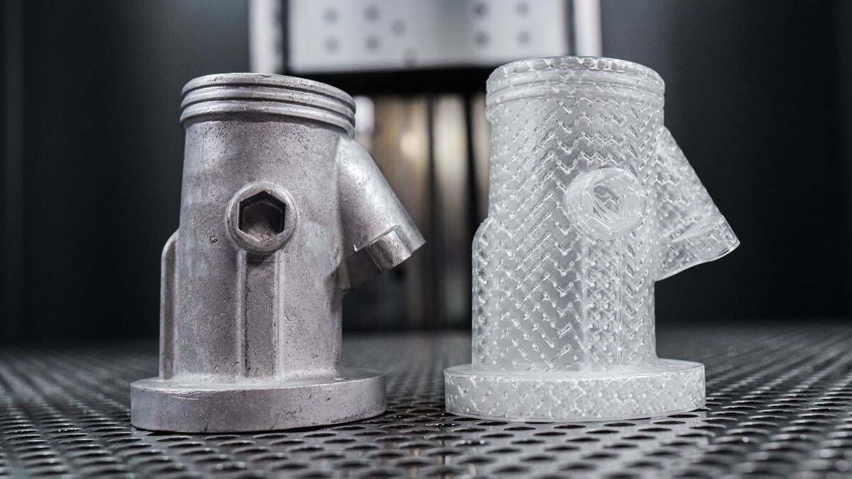 Cast metal part beside its 3D printed stereolithography investment casting pattern