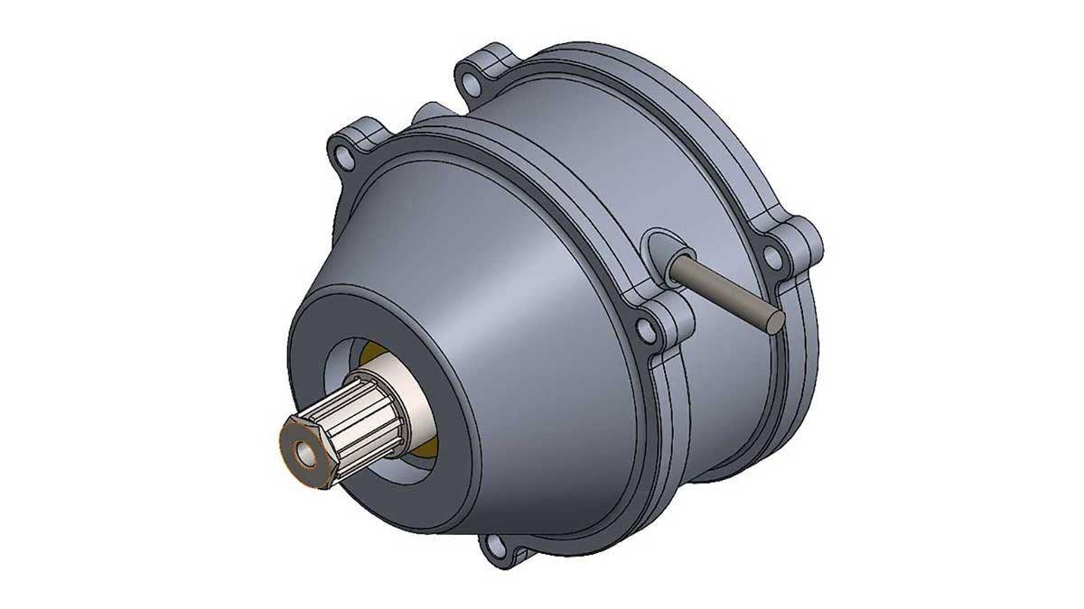 SOLIDWORKS model of a gray gearbox housing with an output shaft