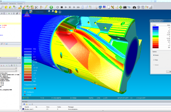 Eureka CNC simulation showing toolpath analysis and color-coded surface deviation on a machined part