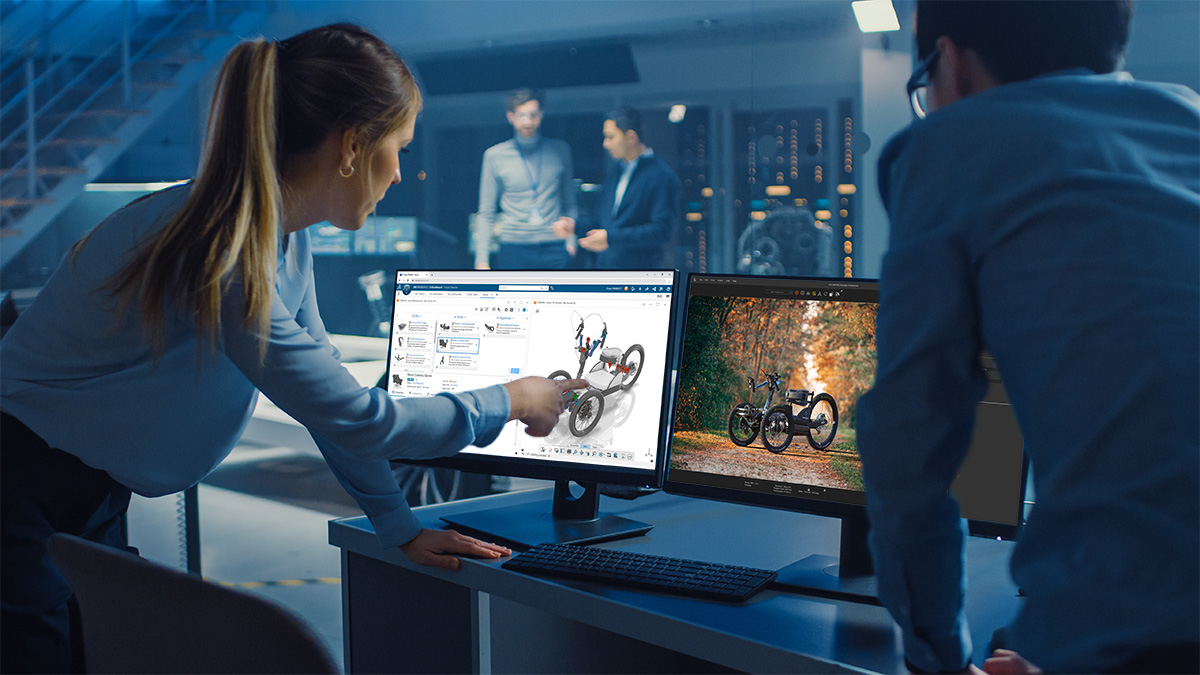 Engineers reviewing a 3D CAD render of an electric concept car in a high-tech lab