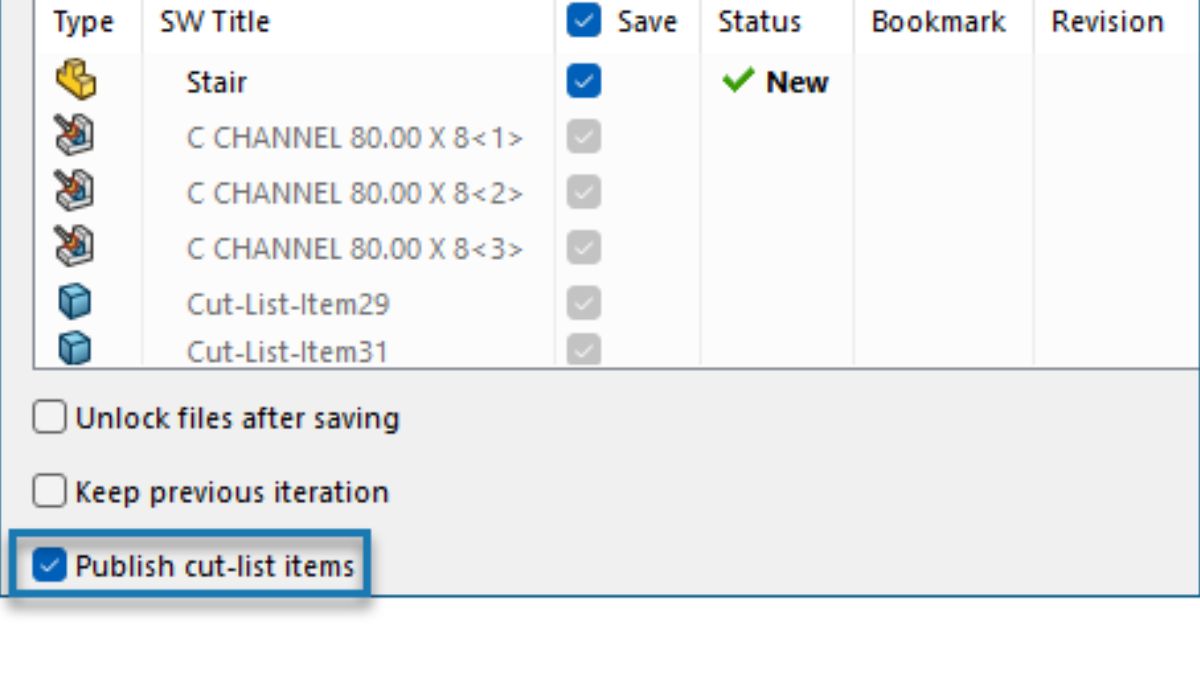 SOLIDWORKS 2026 save dialog with the Publish cut-list items option checked for weldment components