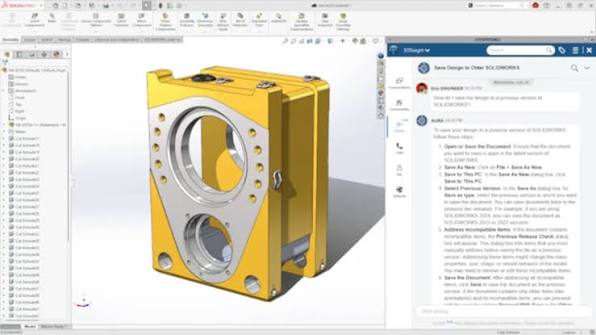 AURA answering a question in the SOLIDWORKS AI companions panel next to a 3D part