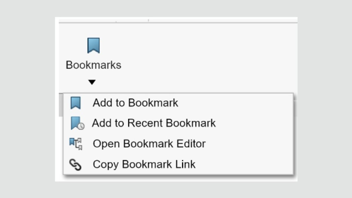 3DEXPERIENCE bookmark menu with options to add to bookmark, open the bookmark editor, and copy a link