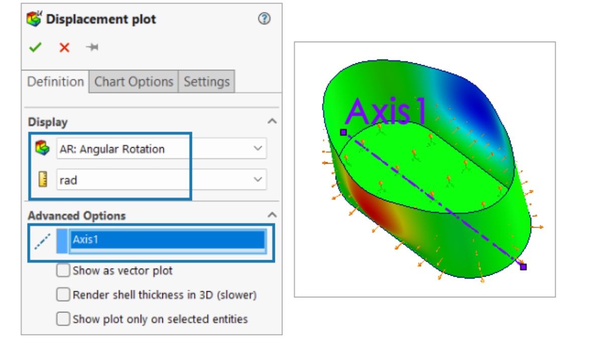 SOLIDWORKS 2026 displacement plot dialog showing angular rotation results on a deformable component