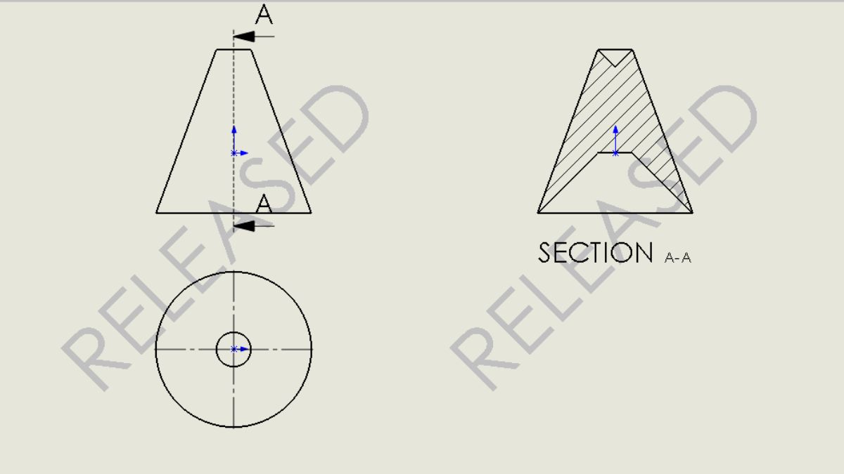 SOLIDWORKS 2026 drawing with a RELEASED maturity status stamp across the views