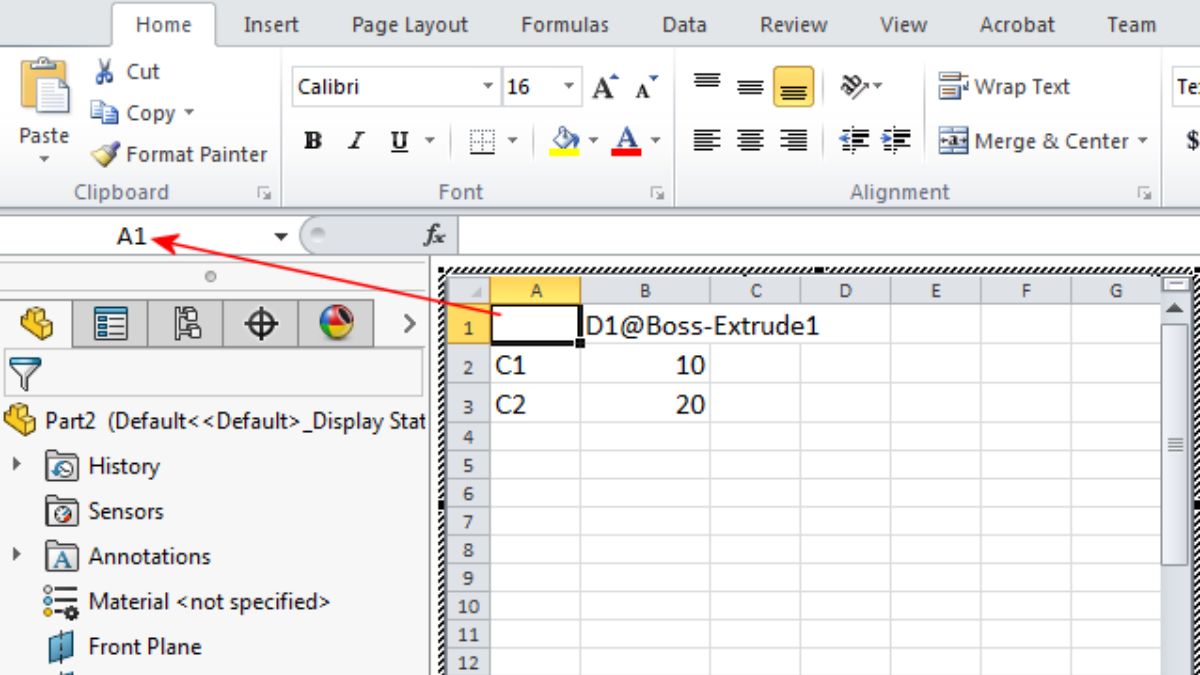 Excel design table linked to SOLIDWORKS 2026 with a boss-extrude dimension driven by cell values