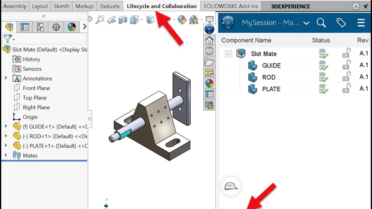SOLIDWORKS 2026 Lifecycle and Collaboration tab showing component maturity status for a slot mate assembly