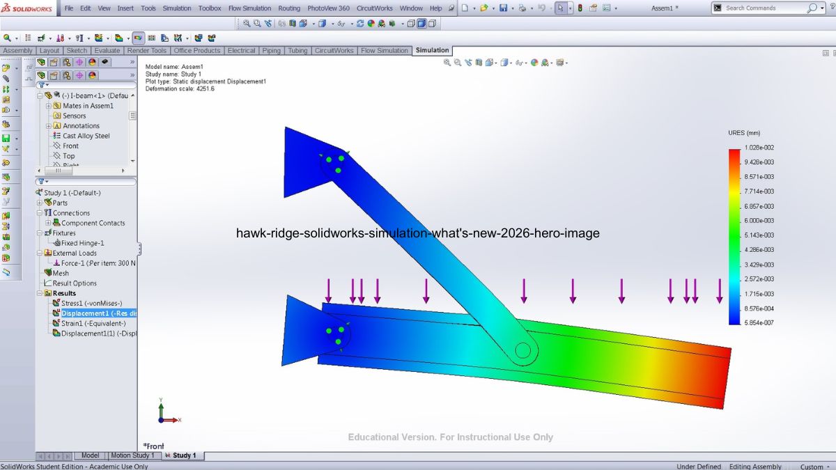 SOLIDWORKS Simulation 2026 angular displacement result plot on a cantilevered bracket
