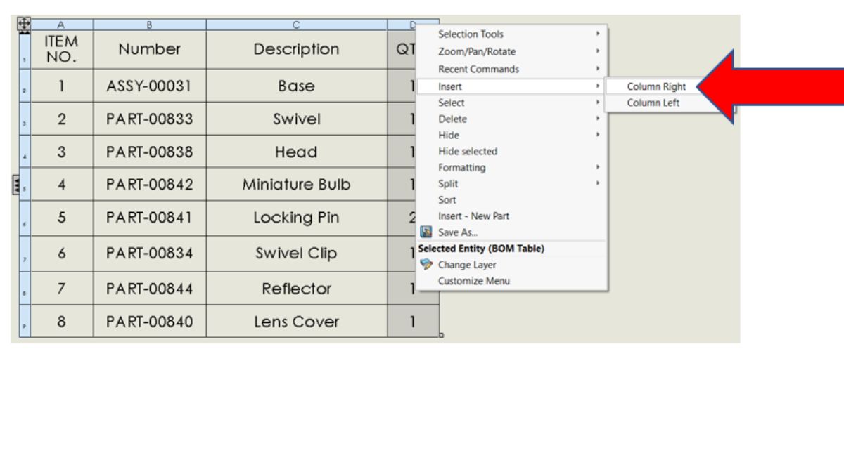 SOLIDWORKS Flow Simulation 2026 component explorer table with right-click column insert menu