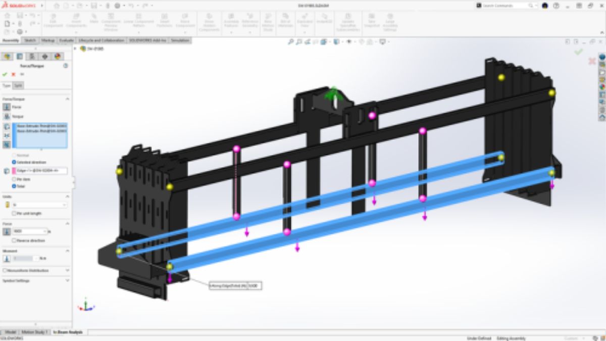 SOLIDWORKS Simulation 2026 beam study on a steel frame using the new focus options