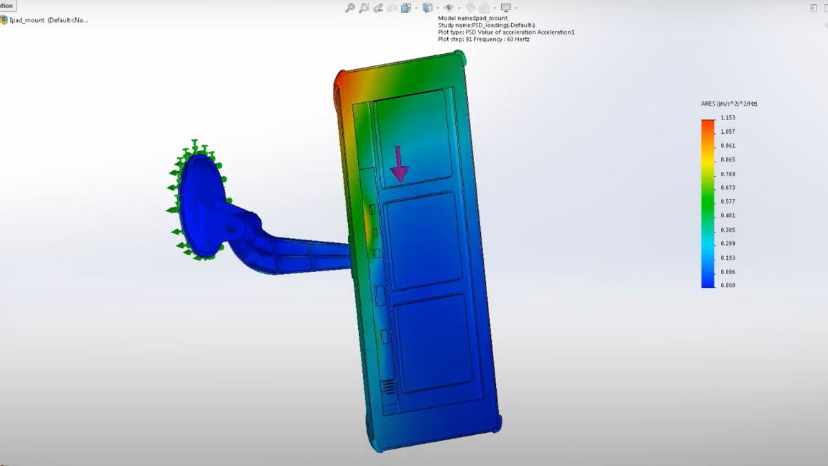 SOLIDWORKS Simulation 2026 random vibration study showing pin connector force results on a door and hinge
