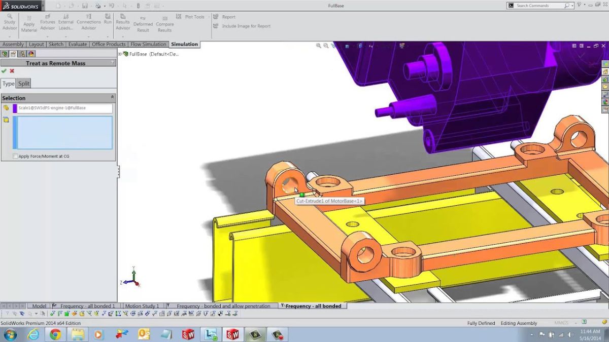 SOLIDWORKS Simulation 2026 response spectrum study with a remote mass applied to a purple assembly
