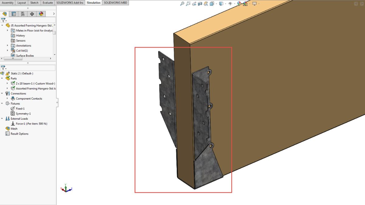 SOLIDWORKS Simulation 2026 shell mesh definition on a sheet-metal bracket highlighted in red