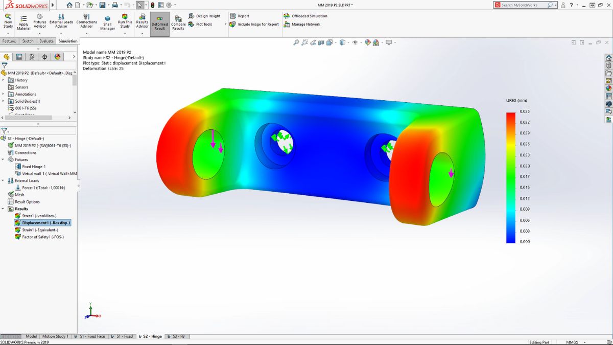 SOLIDWORKS Simulation 2026 stress results on a bracket with the improved validity check
