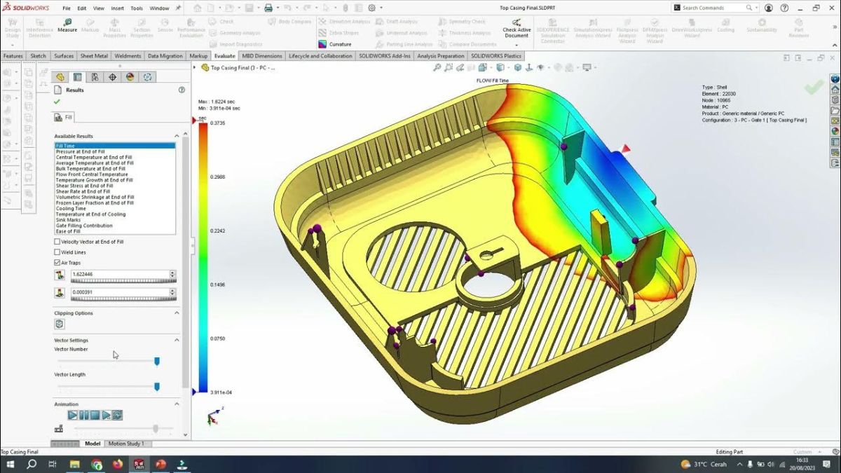 SOLIDWORKS Plastics 2026 fill analysis on a vented enclosure showing new air vent definitions