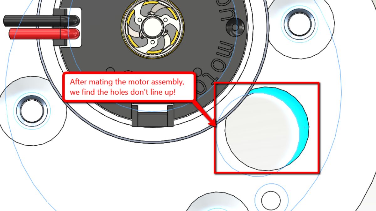 SOLIDWORKS 3D Interconnect assembly showing misaligned motor mounting holes highlighted in red