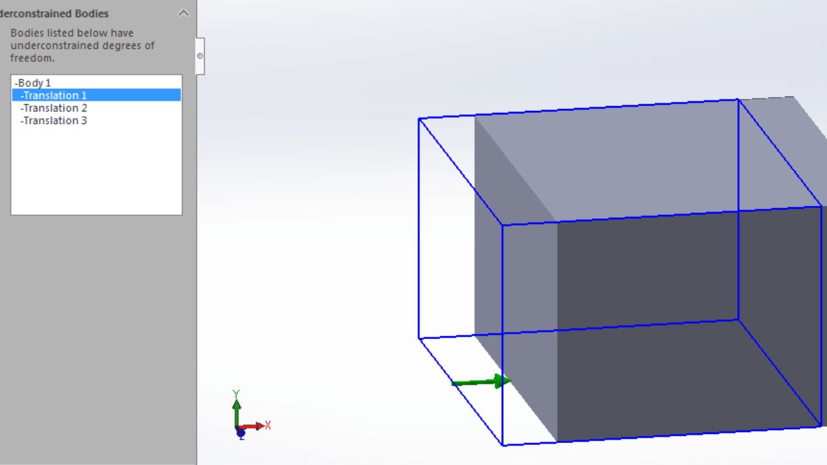 SOLIDWORKS 2017 underconstrained bodies check highlighting a block with a blue bounding box