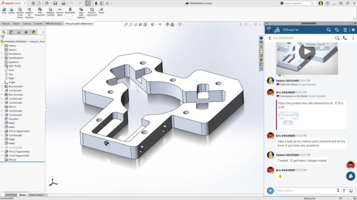 SOLIDWORKS 2026 part with a 3DEXPERIENCE data management panel showing version history