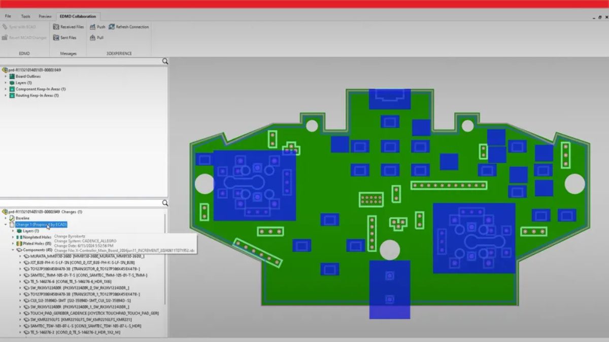SOLIDWORKS 2026 ECAD-MCAD collaboration view of a printed circuit board layout with the component tree