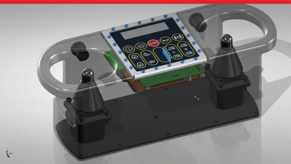 SOLIDWORKS Electrical 2026 rendering of a handheld control unit with circuit board and enclosure