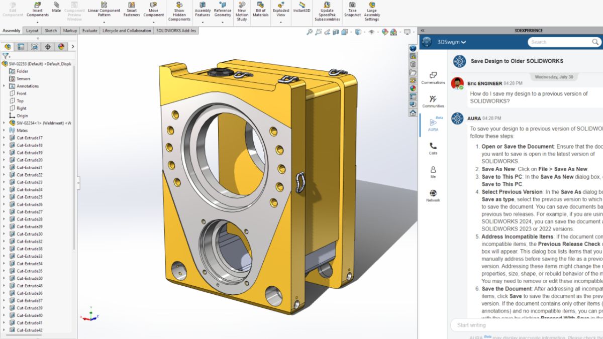 SOLIDWORKS 2026 imported gearbox housing with the 3DEXPERIENCE import and export panel