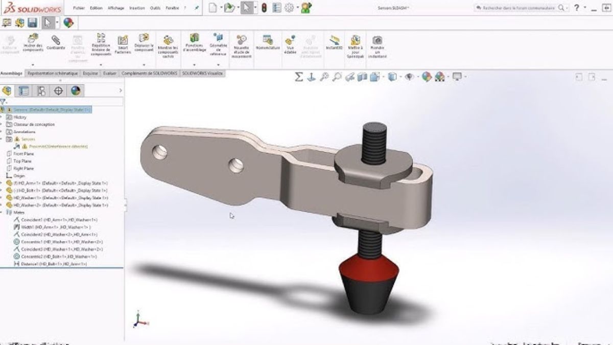 SOLIDWORKS 2026 part design of a toggle clamp with the feature tree open