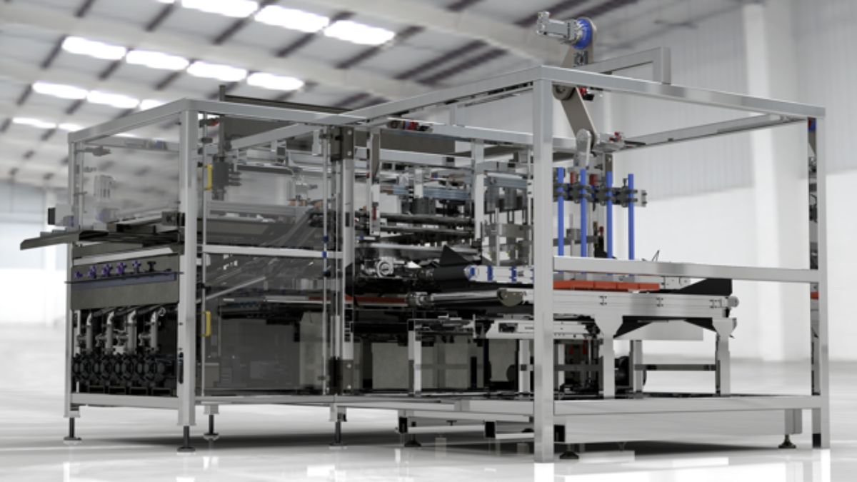 SOLIDWORKS Visualize 2026 photorealistic rendering of an industrial packaging machine