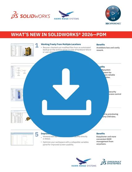 What's New in SOLIDWORKS 2026 PDM one-page summary with download icon