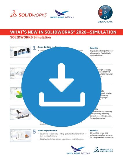 What's New in SOLIDWORKS 2026 Simulation one-page summary with download icon