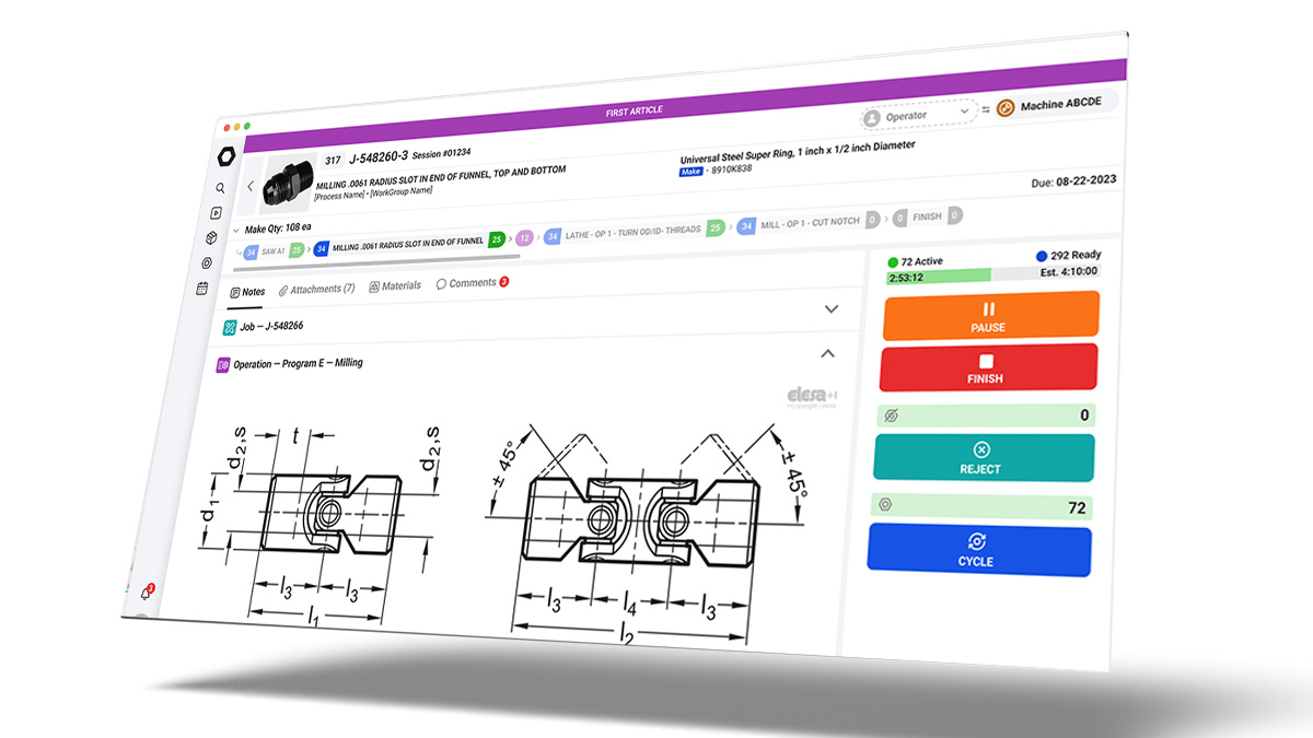 StartProto manufacturing operating system dashboard showing a job traveler with part drawing and work-order status