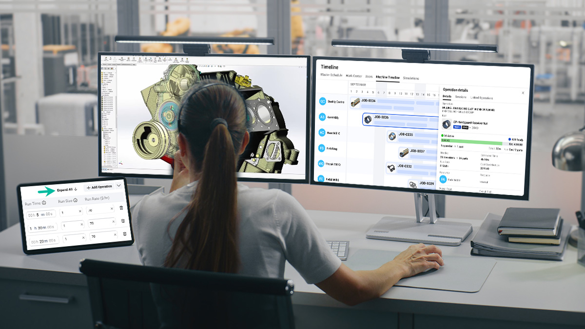 Operations manager viewing a SOLIDWORKS assembly and the StartProto MES schedule on two monitors