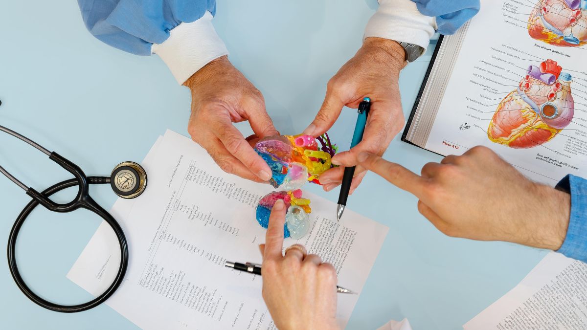 Surgeons cutting into a multi-material 3D printed heart model printed on a Stratasys J5 MediJet