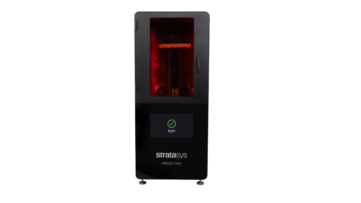 Stratasys Origin One P3 DLP 3D printer with a red-lit build chamber