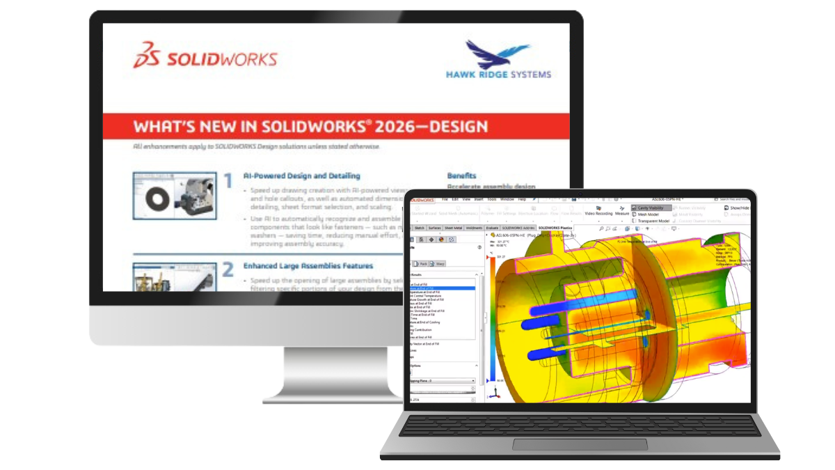 What's New in SOLIDWORKS 2026 Design enhancements guide shown on a desktop monitor and laptop