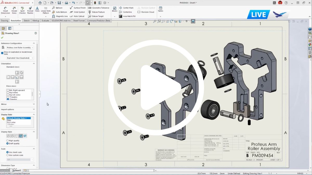 What's New in SOLIDWORKS 2026 First Look webinar thumbnail showing an exploded drawing with a play button