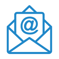 Open envelope with an @ symbol, blue email support icon