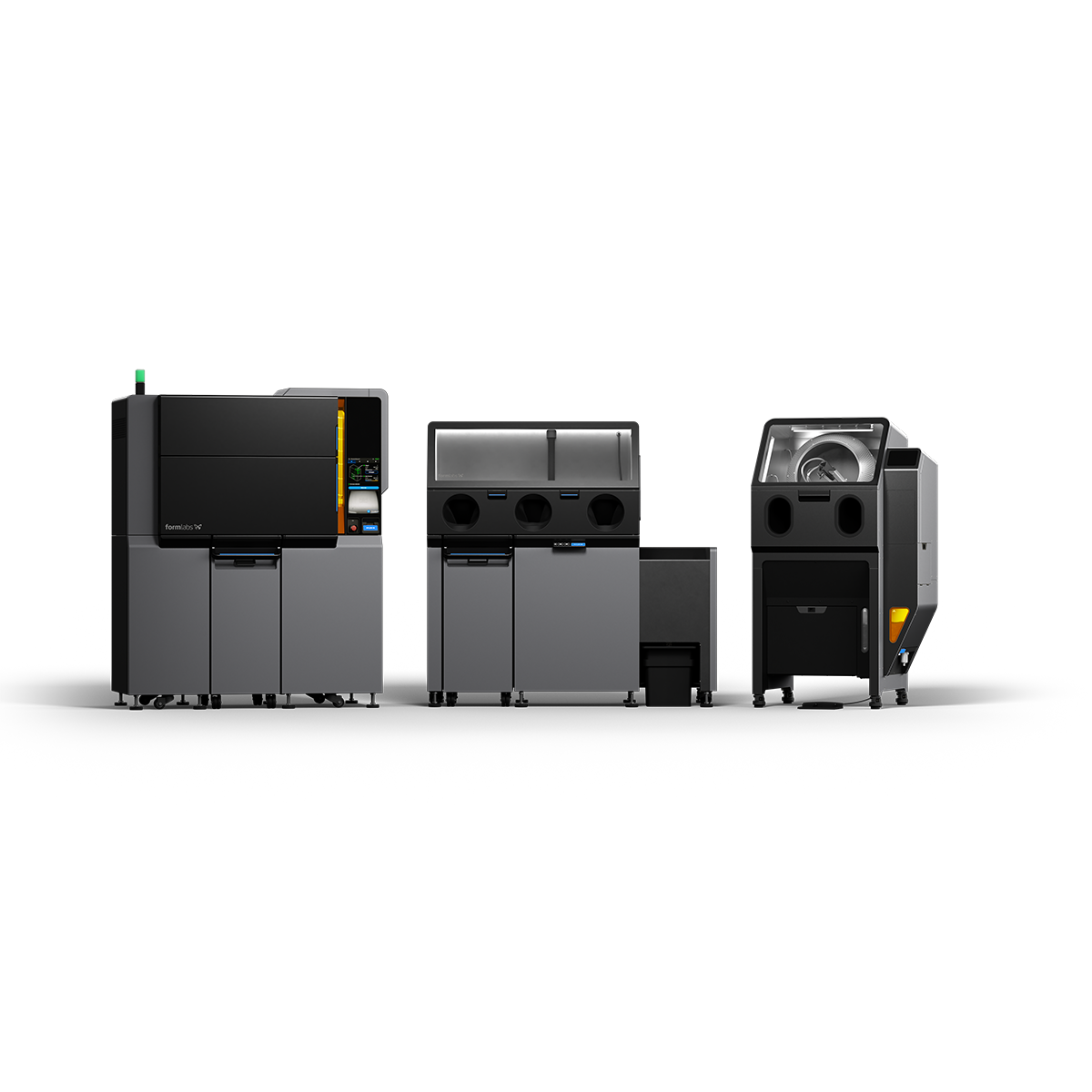 Formlabs Fuse X1 ecosystem consisting of 3D printer, Fuse X1 Build Unit, and Fuse Sift X1