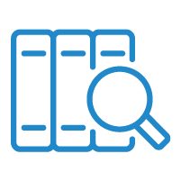 Books and magnifying glass, blue resource hub icon