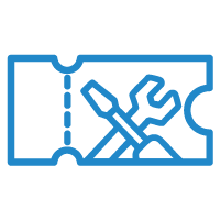 Ticket with wrench and screwdriver, blue submit-a-ticket icon