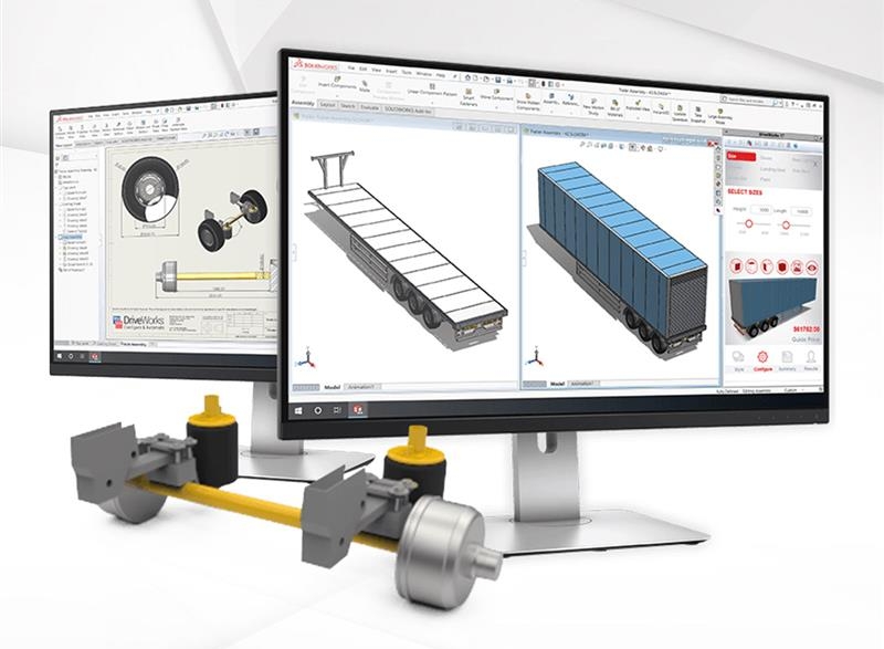 DriveWorks configurator generating SOLIDWORKS drawings and 3D models of a shipping container and axle assembly
