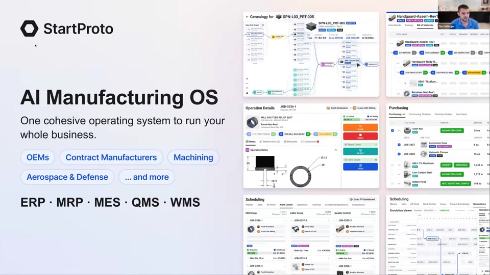 StartProto slide titled "AI Manufacturing OS," describing one cohesive operating system for OEMs, contract manufacturers, machining, and aerospace and defense, covering ERP, MRP, MES, QMS, and WMS, with UI panels for genealogy, BOM and routing, shop-floor operations, purchasing, and scheduling.