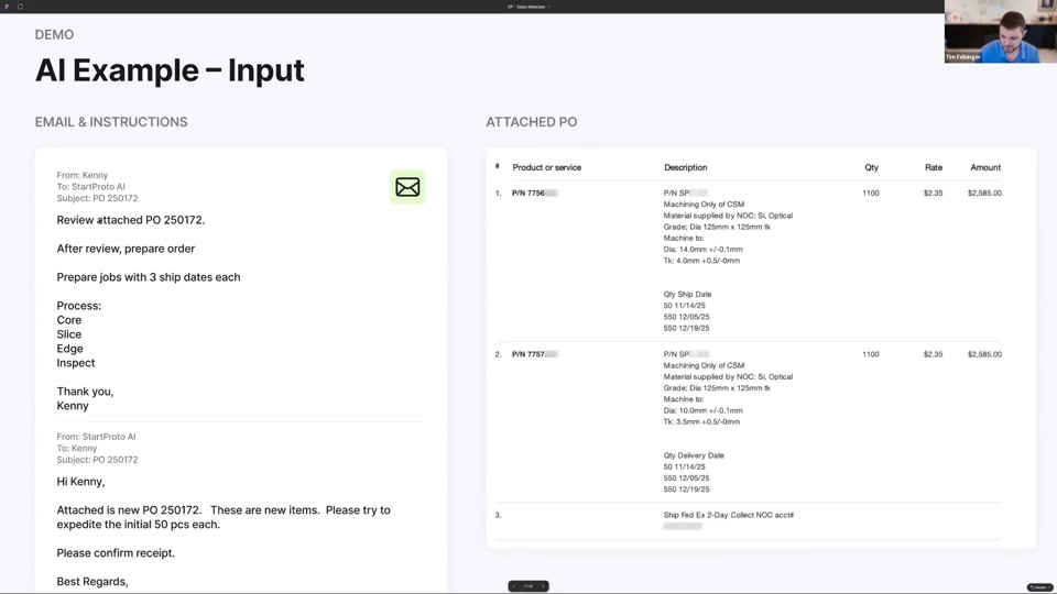 StartProto demo slide titled "AI Example - Input," showing an email thread with instructions to review a purchase order and prepare jobs, beside a table of PO line items with quantities, rates, and ship dates.