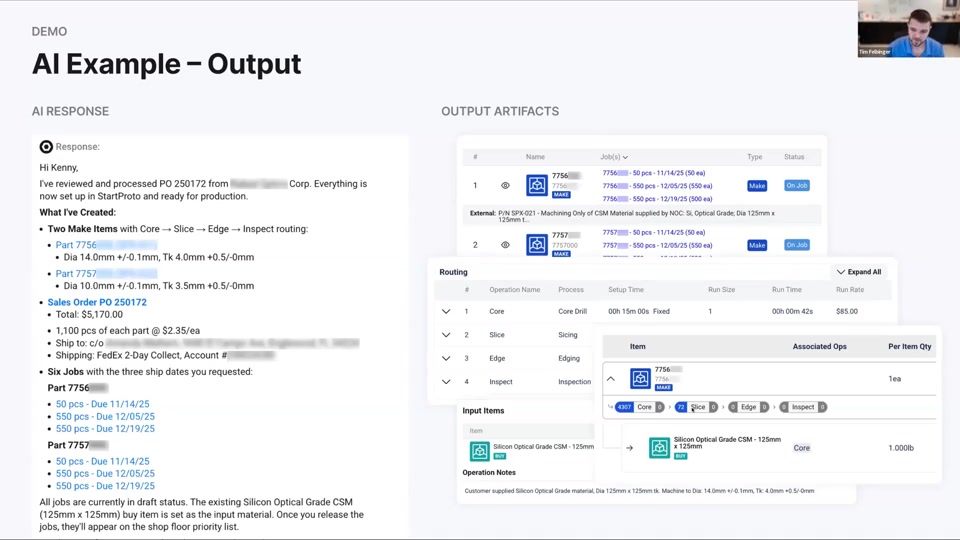 StartProto demo slide titled "AI Example - Output," with an AI response summarizing created make items and jobs, plus UI panels showing the job list, routing steps, and item details.