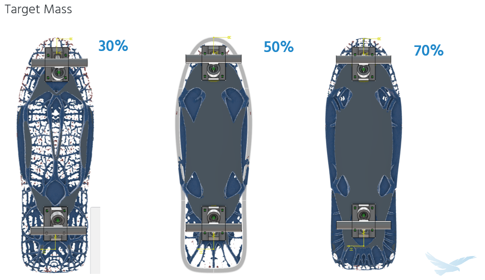 CATIA Optimization results showing varying levels of material removal goals.