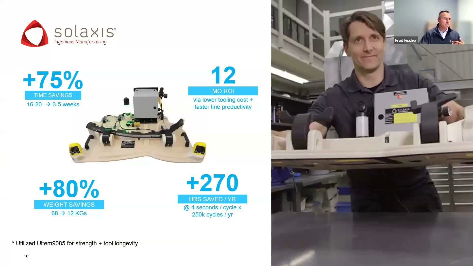 Stratasys webinar slide: Solaxis Ultem 9085 fixture — 4 seconds per cycle, 270 hours saved per year, 80% weight savings, 12-month ROI.