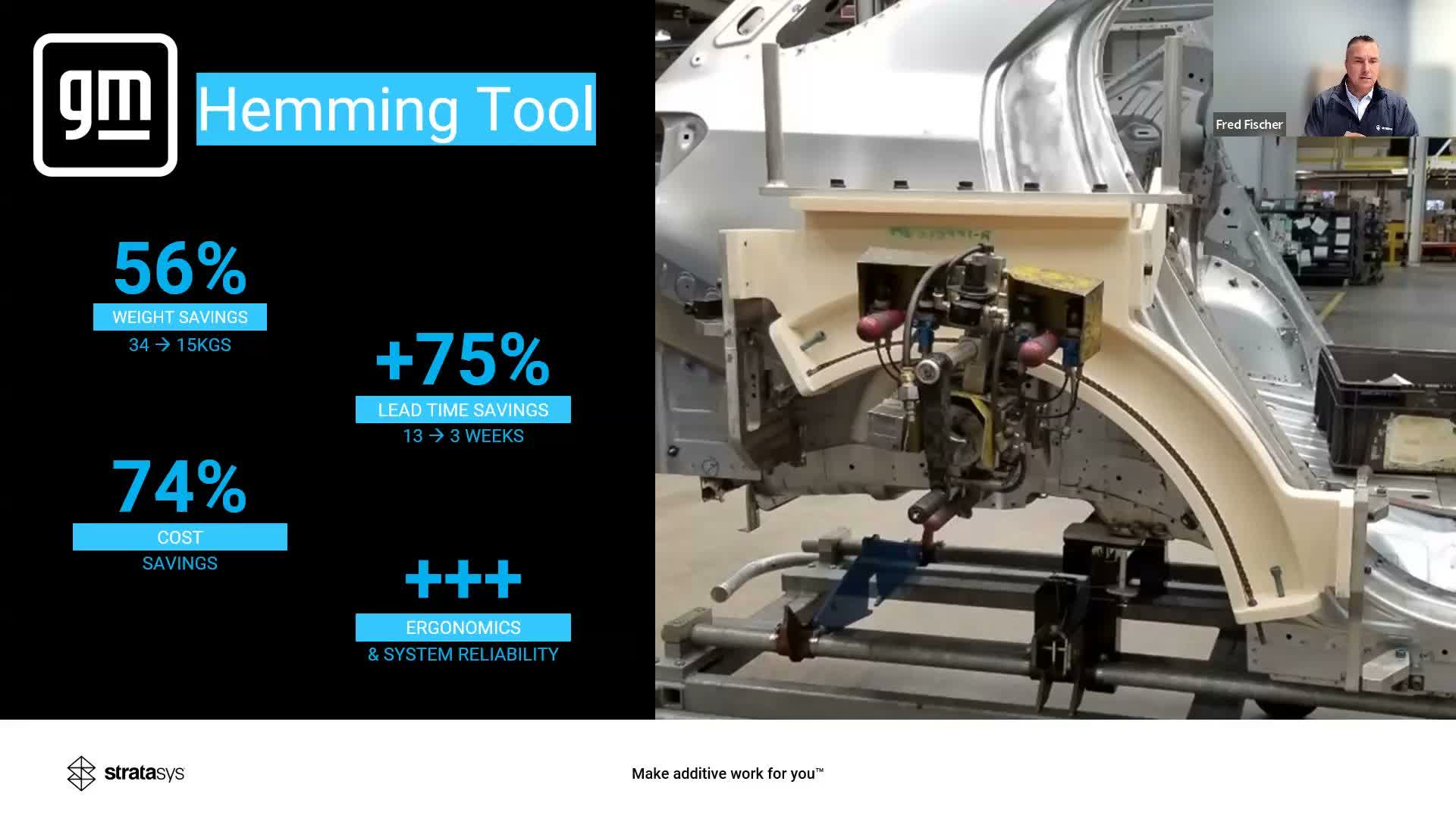 Stratasys webinar slide: GM 3D-printed hemming tool — 56% weight savings (34 → 15 kg), 74% cost savings, 75% lead-time savings (13 → 3 weeks).