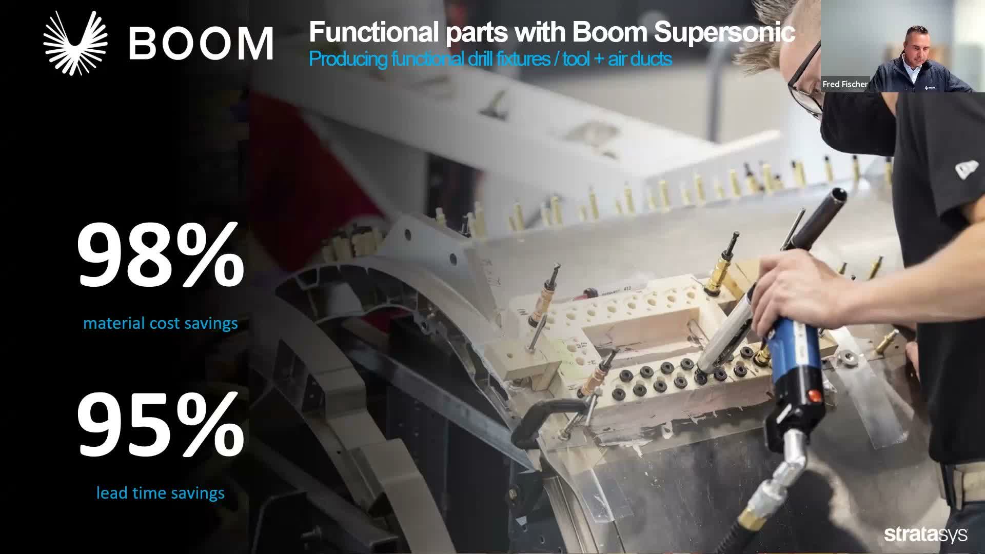 Stratasys webinar slide: Boom Supersonic functional drill fixture in use on airframe structure — 98% material cost savings and 95% lead-time savings.