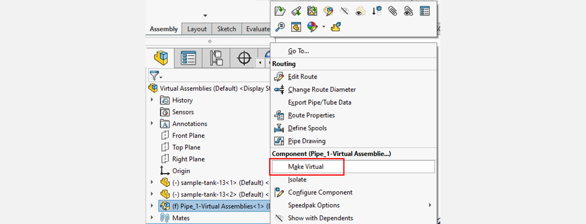 Right-click menu to create a virtual component in SOLIDWORKS