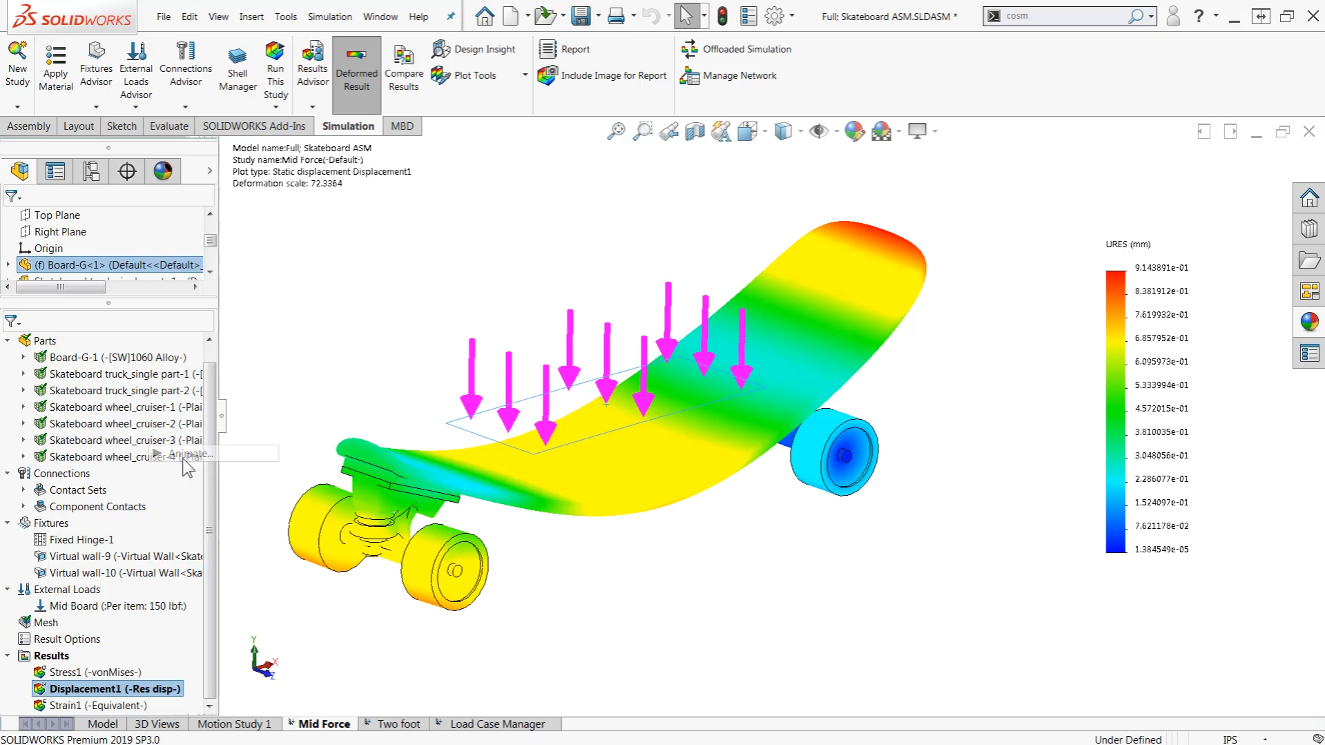 Linear Static Analysis of the SOLIDWORKS Skateboard model to verify boundary conditions.